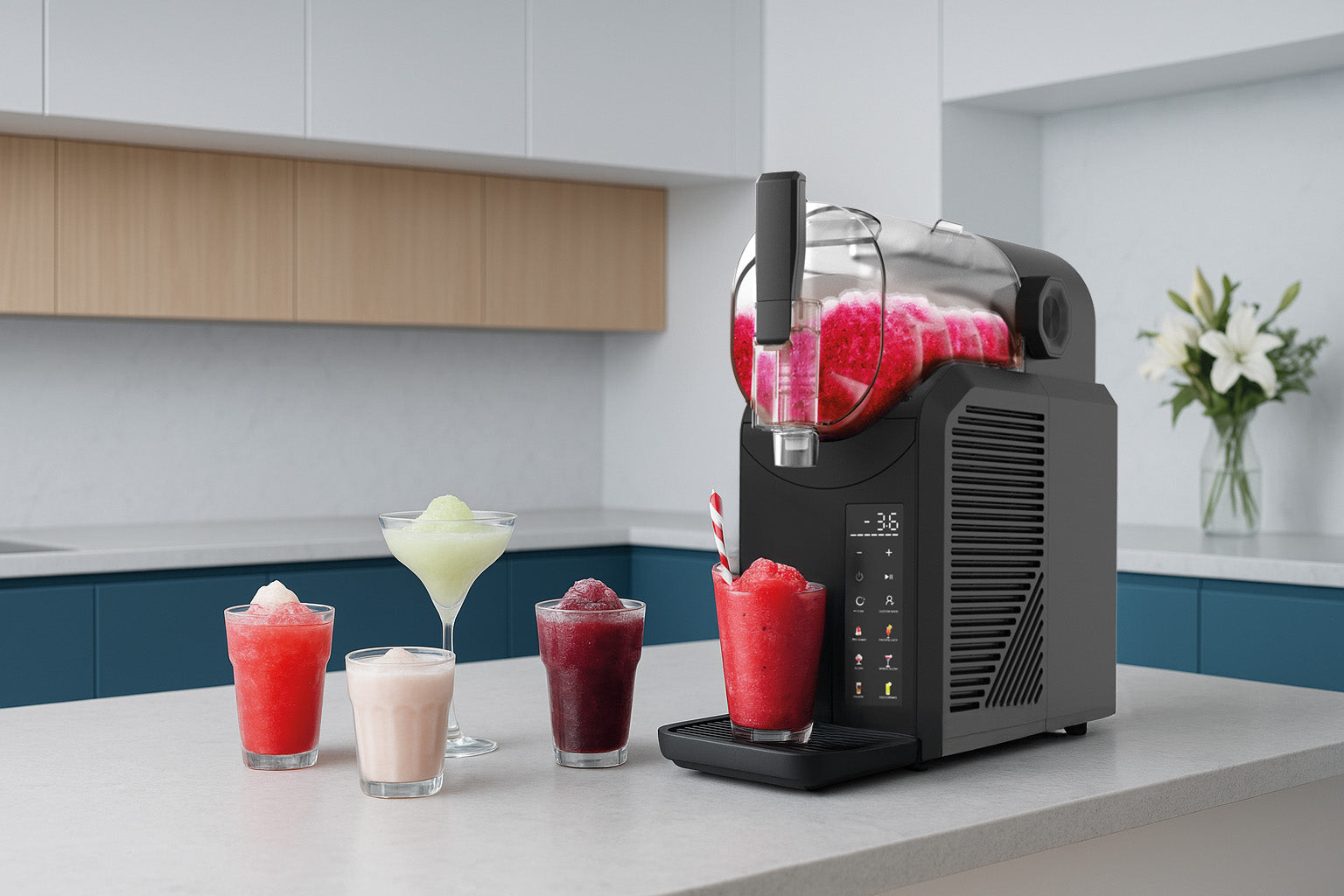 Willkommen in deiner neuen Sommer-Oase: Mit der SuperSlush Maschine mixt du dir eiskalte Erfrischungen ganz easy selbst. Ob Frucht-Slush, cremiger Milchshake oder ein cooler Cocktail – alles, was du brauchst, ist ein bisschen Fantasie und die richtige Mischung. Und das Beste: Es geht schnell, einfach und macht richtig Spass!